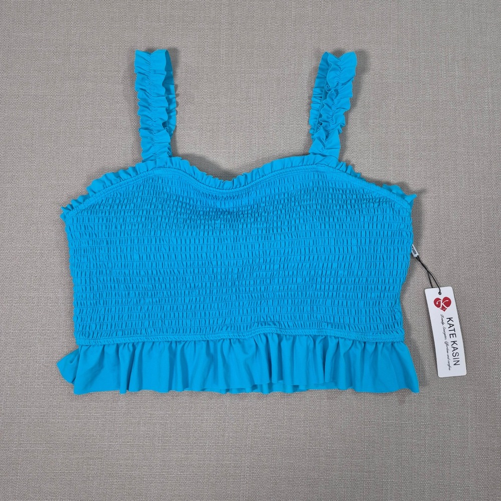 Kate Kasin Blue Smocked Ruffle Bikini Top New Size 2XL NWT